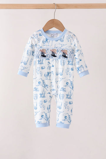 Blue Cowboy Smocked Romper