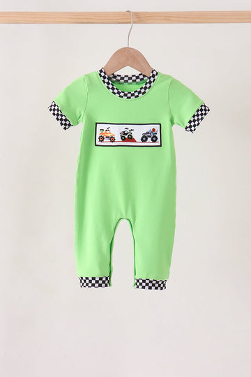 Green car embroidery checkered romper