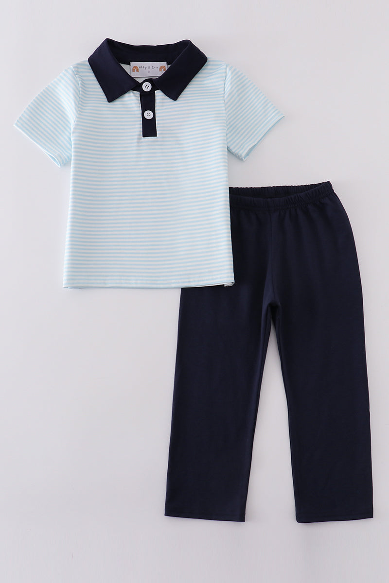Navy and white striped boy's outfit with cozy long sleeves and pants.