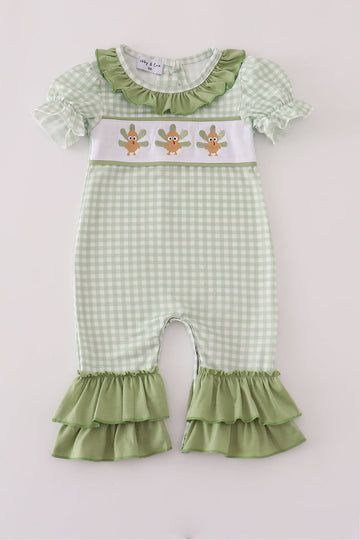 Sage turkey embroidery gingham ruffle romper
