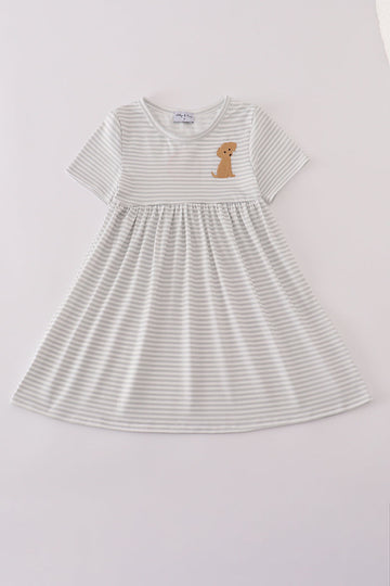 Puppy embroidery stripe dress