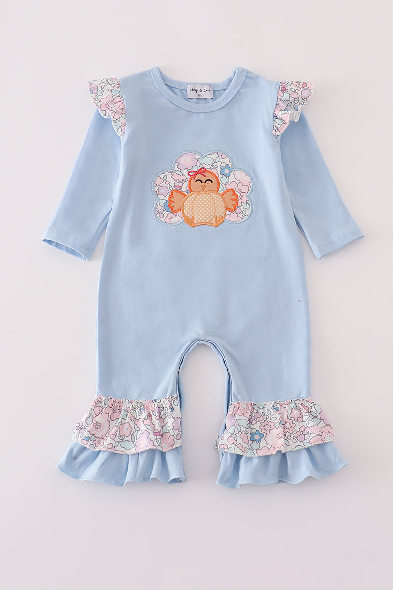 Blue turkey applique ruffle romper