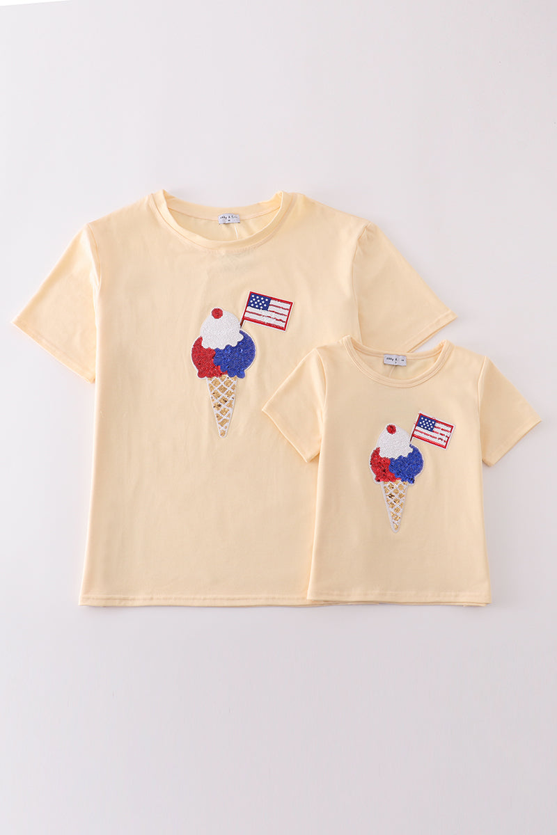 Matching mom and child tops with colorful ice cream and flag sequins.