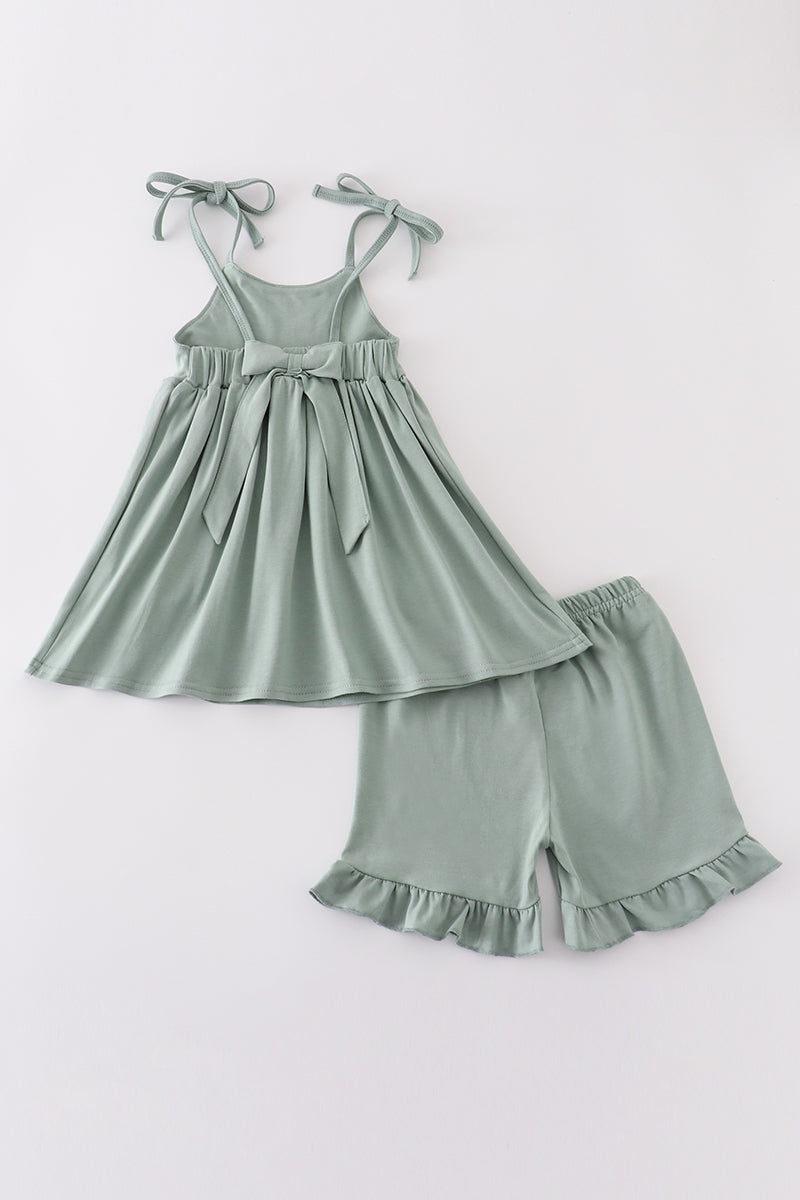 Sage green girl's set with sand dollar embroidery, perfect for beach outings.