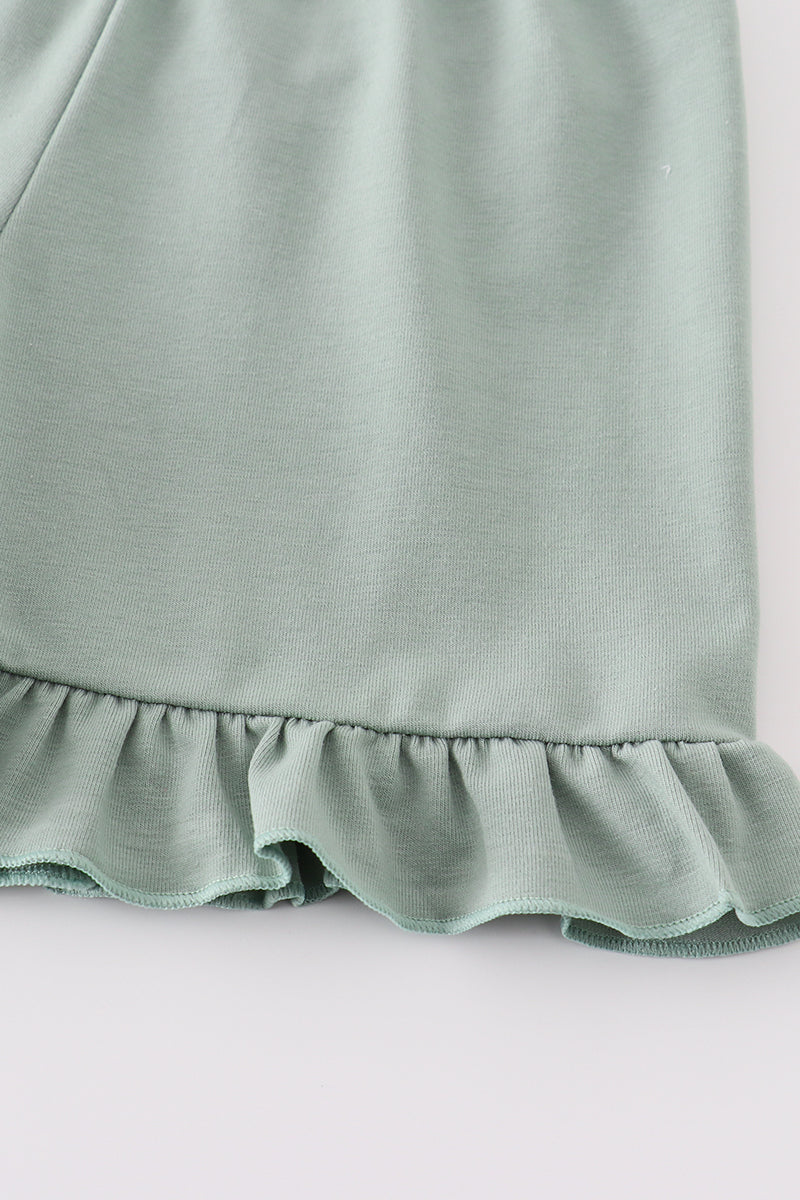 Sage green girl's set with sand dollar embroidery, perfect for beach outings.