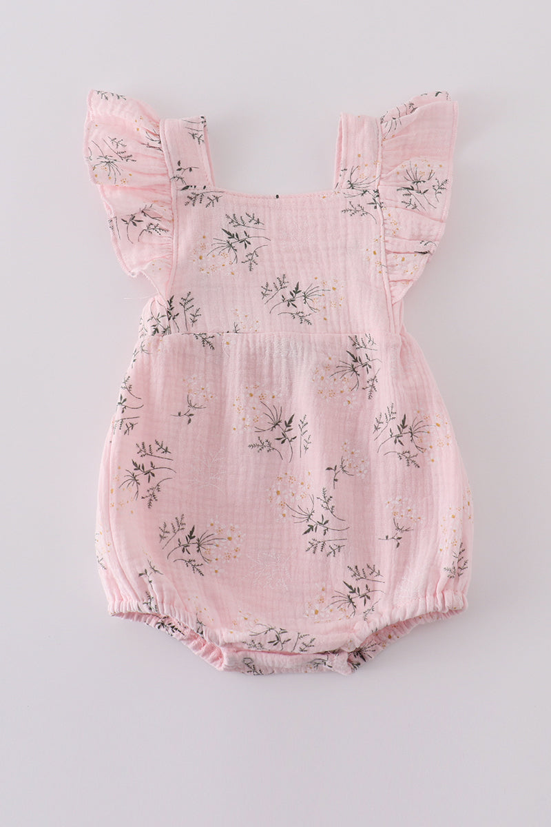 Pink floral muslin ruffle bubble romper for girls, perfect for springtime play.