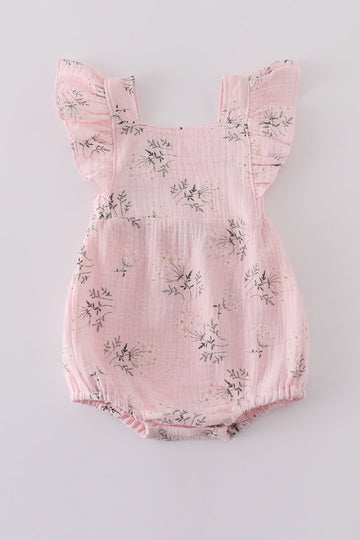 Pink floral muslin ruffle bubble romper for girls, perfect for springtime play.
