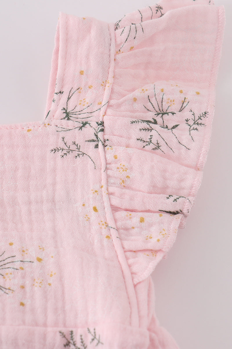 Pink floral muslin ruffle bubble romper for girls, perfect for springtime play.