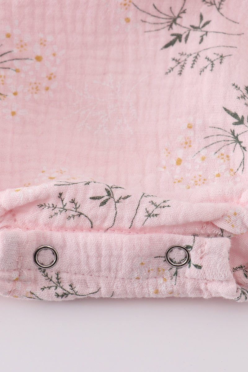 Pink floral muslin ruffle bubble romper for girls, perfect for springtime play.