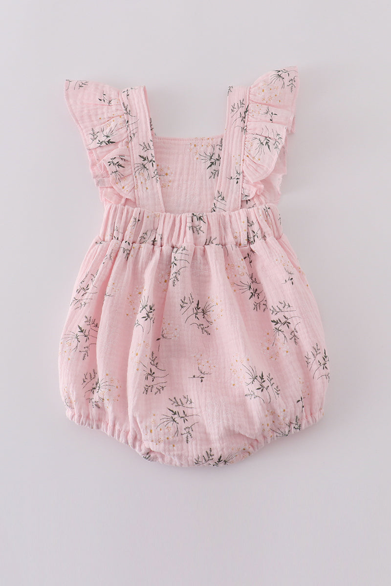 Pink floral muslin ruffle bubble romper for girls, perfect for springtime play.