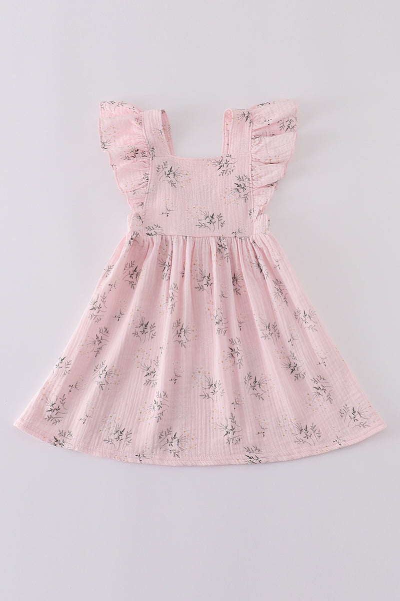 Pink floral muslin dress with ruffles, perfect for girls' summer outings.