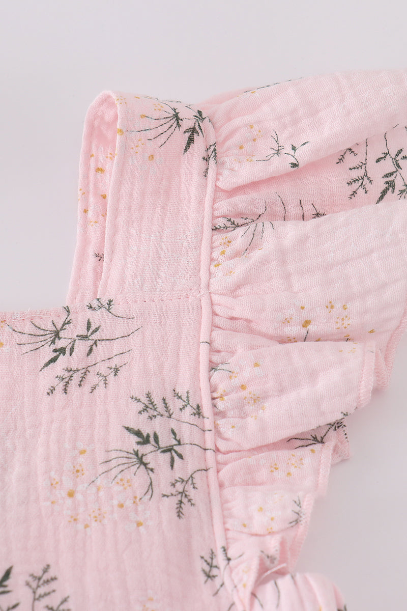 Pink floral muslin dress with ruffles, perfect for girls' summer outings.