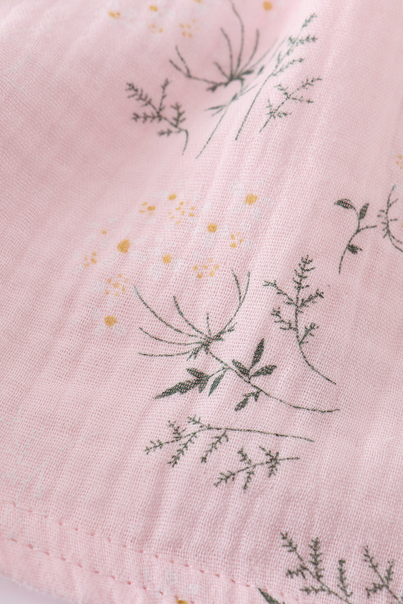 Pink floral muslin dress with ruffles, perfect for girls' summer outings.