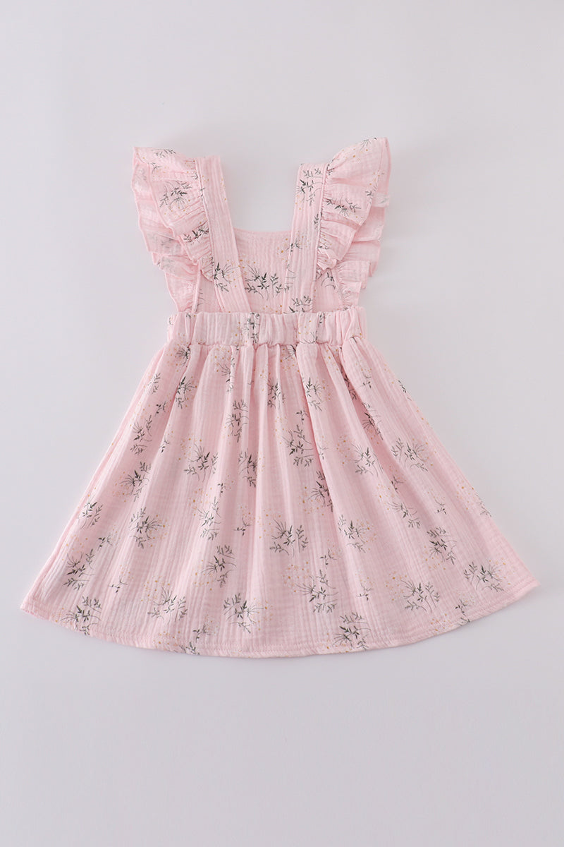 Pink floral muslin dress with ruffles, perfect for girls' summer outings.