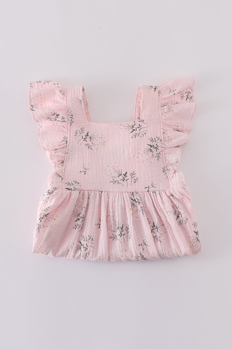 Pink floral muslin dress with ruffles, perfect for girls' summer outings.