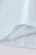 A charming blue stripe dress with starfish embroidery and smocked detailing, perfect for summer.