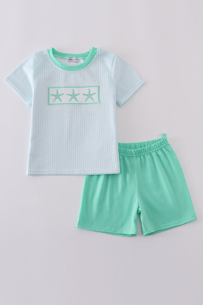 Blue stripe boy set with starfish embroidery, perfect for summer adventures.