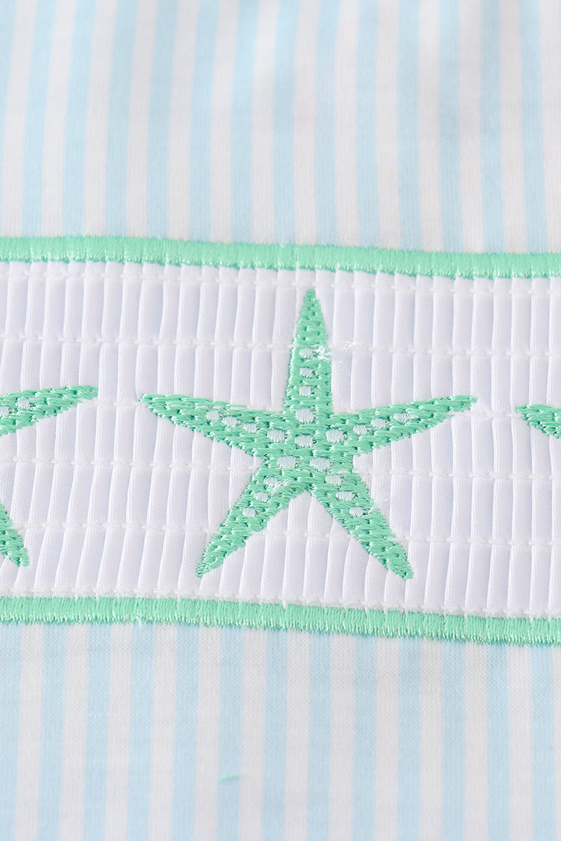 Blue stripe boy set with starfish embroidery, perfect for summer adventures.