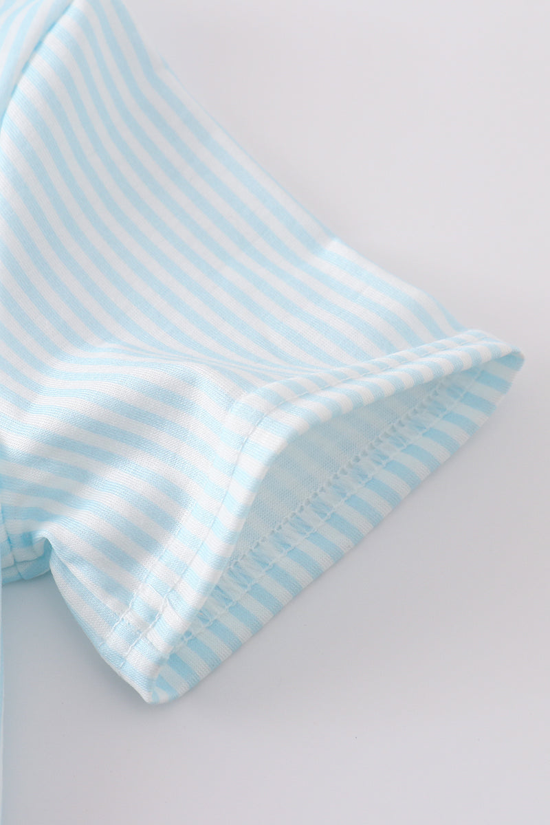 Blue stripe boy set with starfish embroidery, perfect for summer adventures.