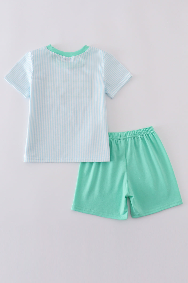 Blue stripe boy set with starfish embroidery, perfect for summer adventures.