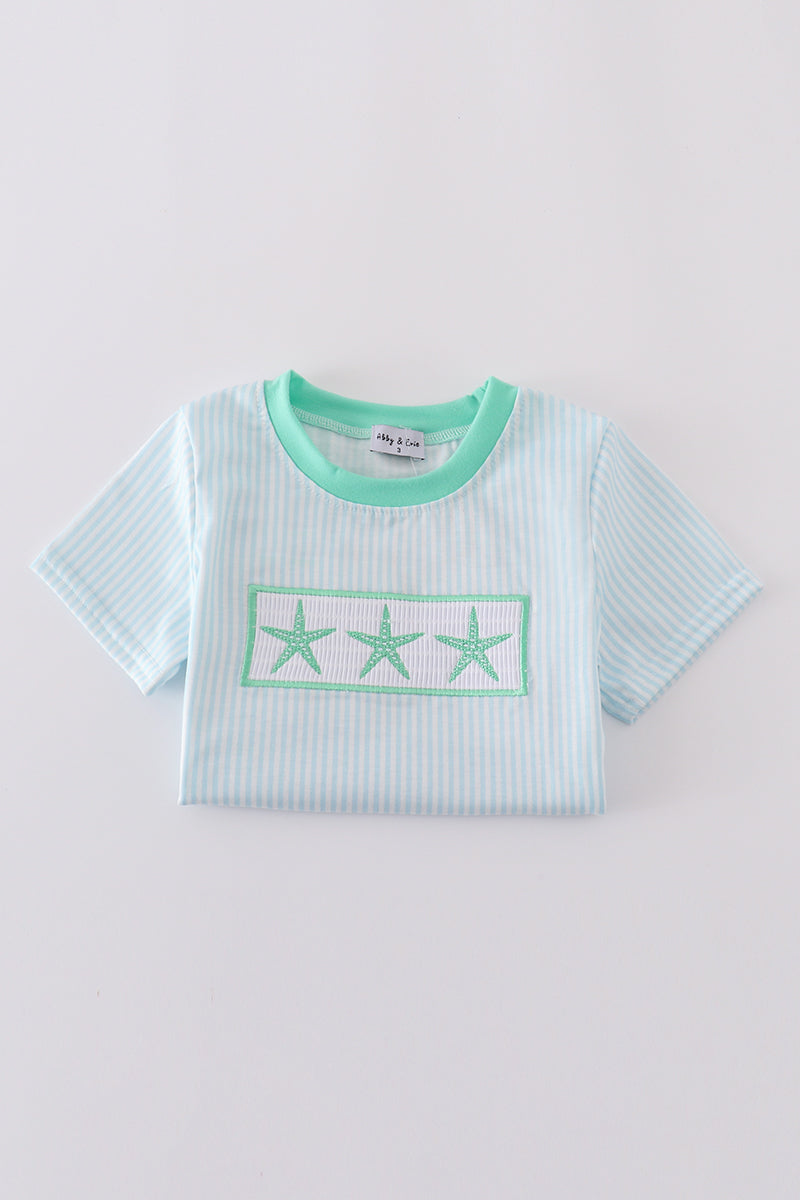 Blue stripe boy set with starfish embroidery, perfect for summer adventures.