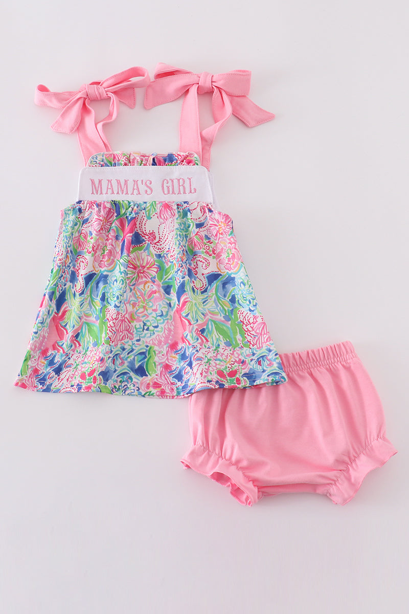 Blossom love MAMA'S GIRL embroidered bloomer set, pink floral pattern, perfect for toddlers.