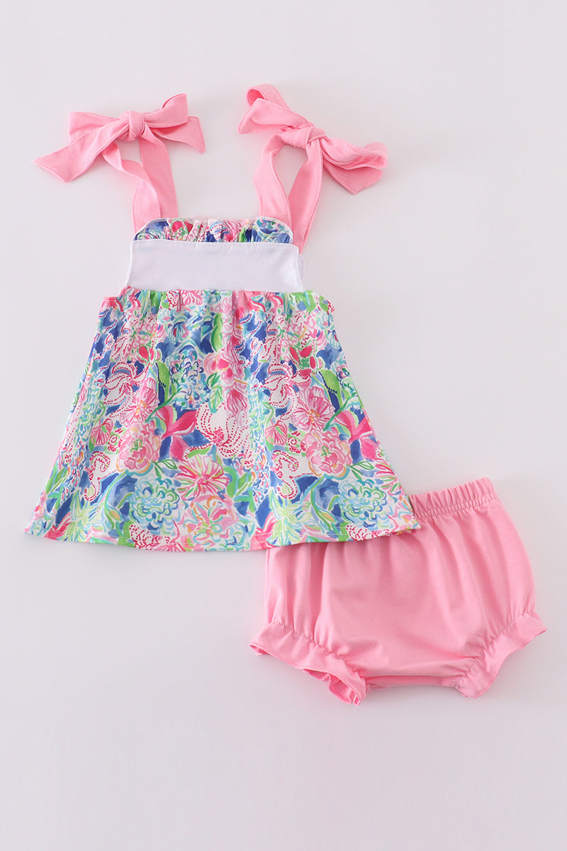Blossom love MAMA'S GIRL embroidered bloomer set, pink floral pattern, perfect for toddlers.