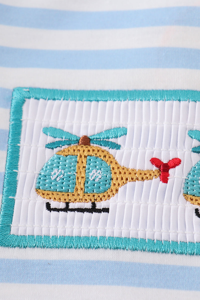 A charming boy's outfit with blue stripes and helicopter embroidery, perfect for playtime.