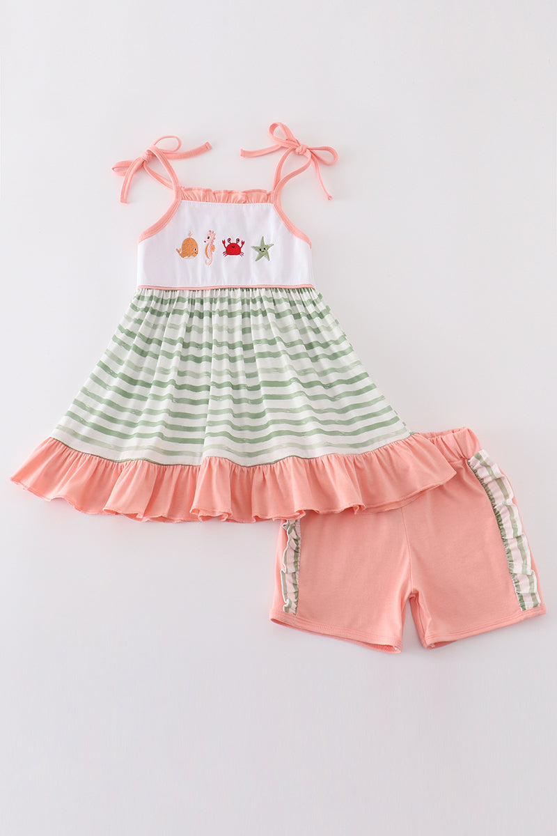 Marine creature embroidery stripe set featuring playful ocean animals on soft, striped fabric.