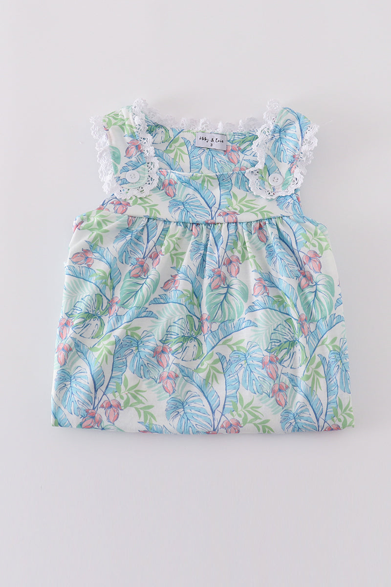 Tropical rainforest plant print kids' set with vibrant green and blue leaves.