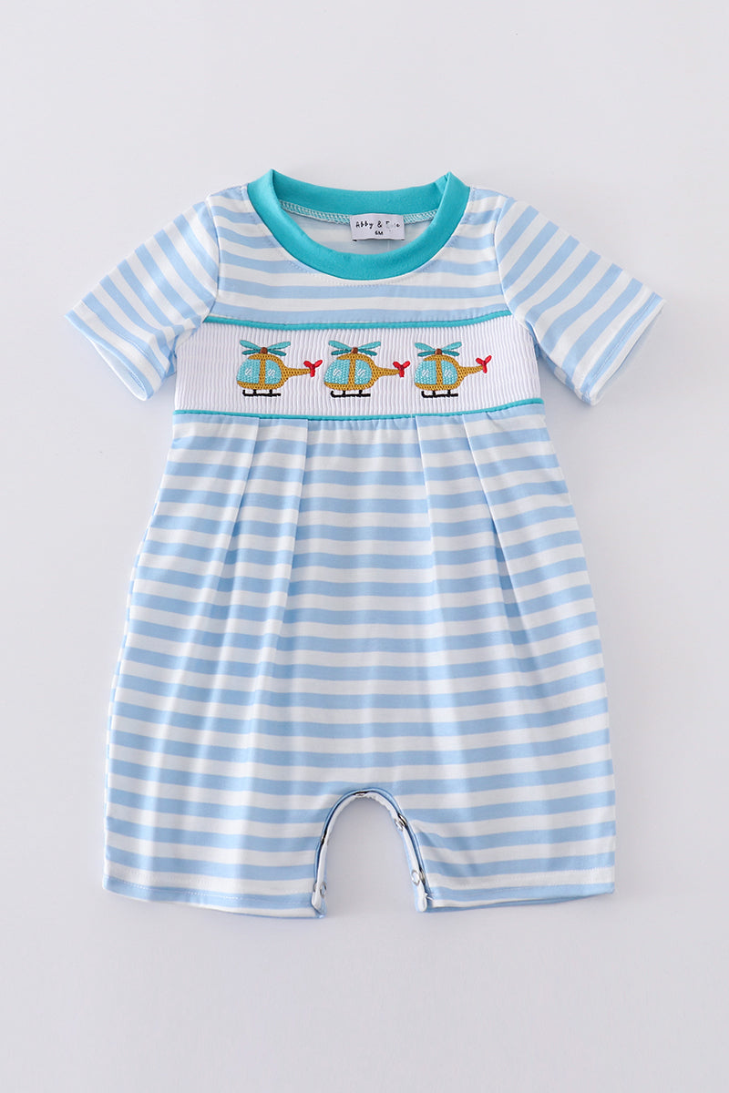 Blue striped romper with helicopter embroidery, perfect for playful adventures.