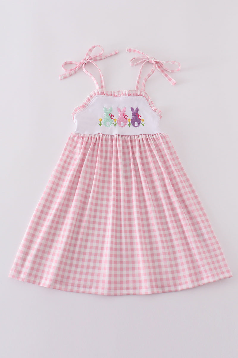 Pink gingham dress with adorable bunny embroidery, perfect for springtime fun.