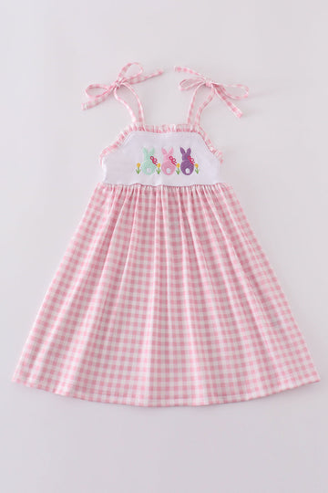 Pink gingham dress with adorable bunny embroidery, perfect for springtime fun.