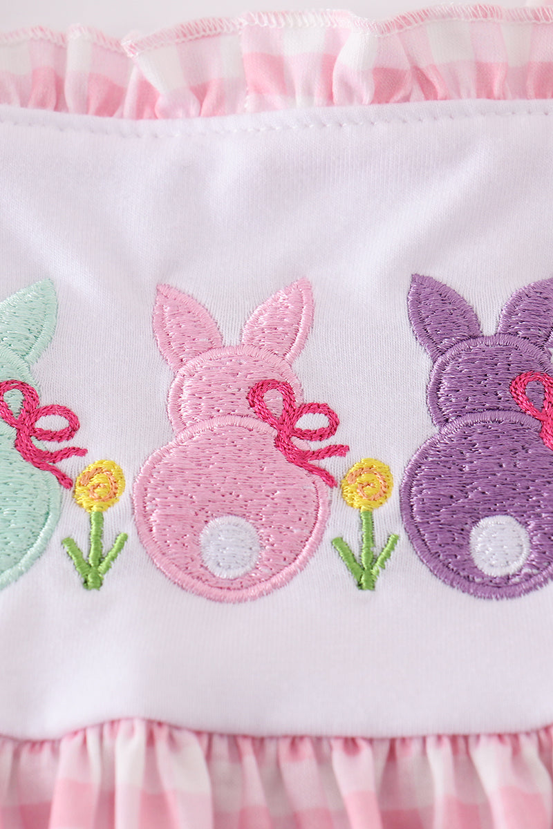 Pink gingham dress with adorable bunny embroidery, perfect for springtime fun.