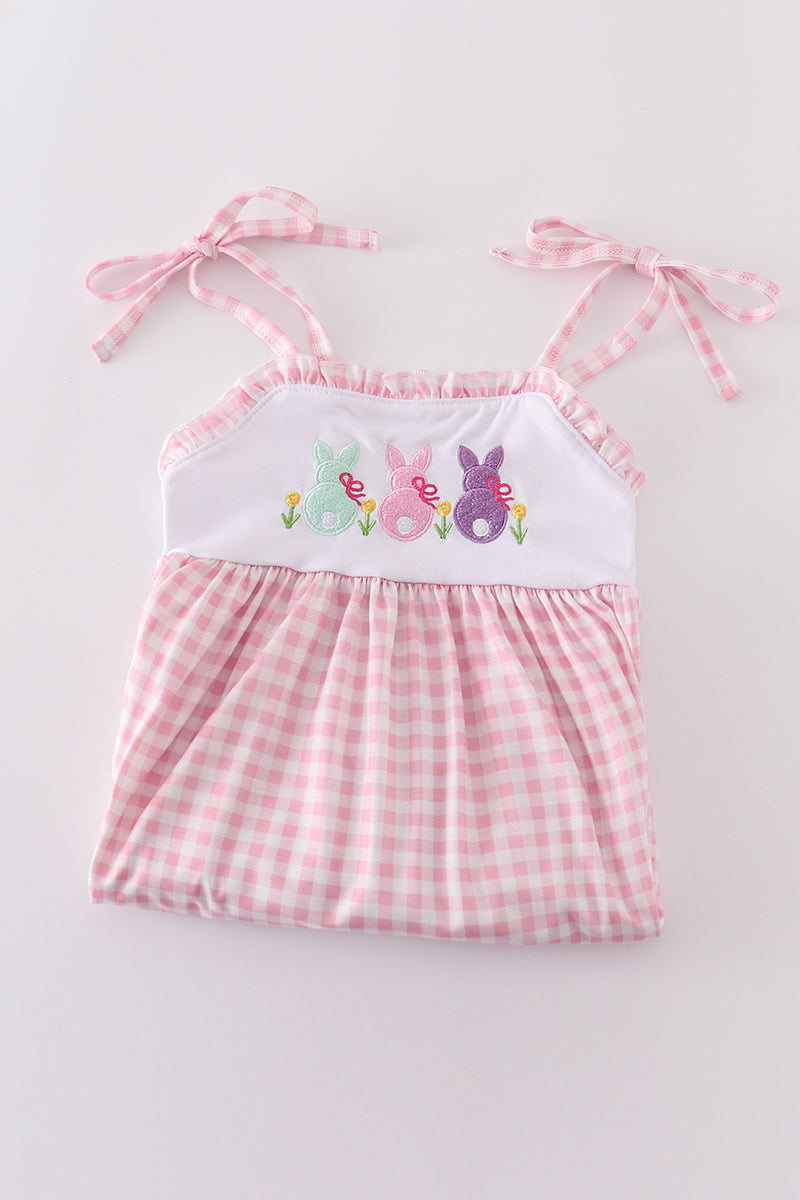 Pink gingham dress with adorable bunny embroidery, perfect for springtime fun.