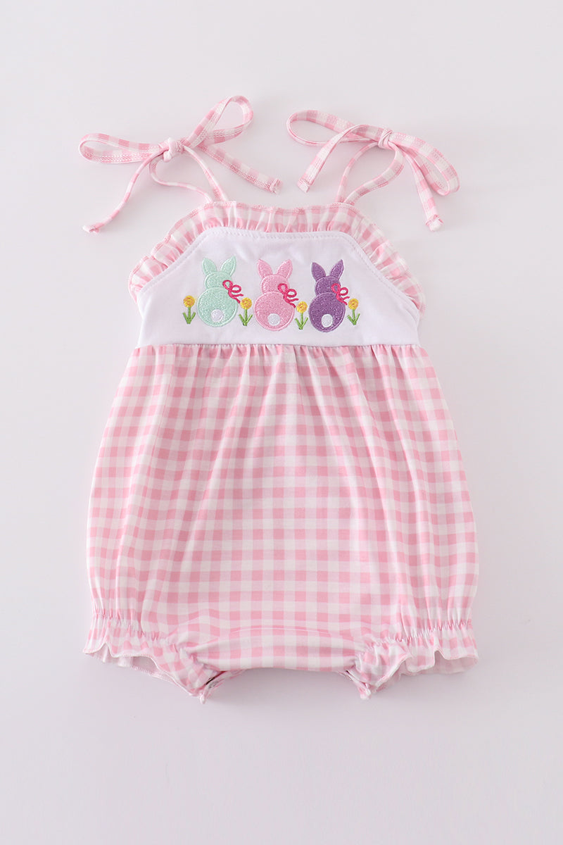 Pink bunny embroidery bubble romper with ruffled sleeves, perfect for springtime play.