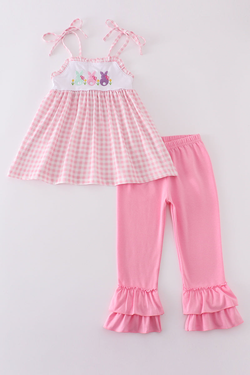 Pink gingham set with adorable bunny embroidery, perfect for springtime play.