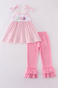 Pink gingham set with adorable bunny embroidery, perfect for springtime play.