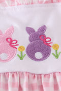 Pink gingham set with adorable bunny embroidery, perfect for springtime play.