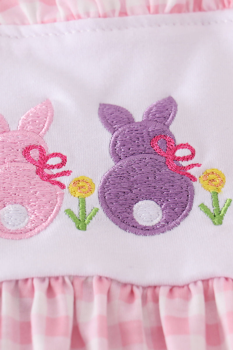 Pink gingham set with adorable bunny embroidery, perfect for springtime play.