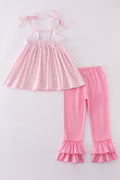 Pink gingham set with adorable bunny embroidery, perfect for springtime play.