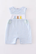 Blue gingham jonjon with adorable embroidered bunny, perfect for springtime play.