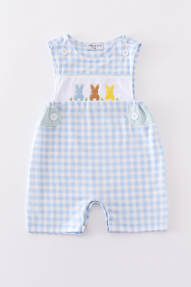 Blue gingham jonjon with adorable embroidered bunny, perfect for springtime play.