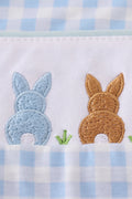 Blue gingham jonjon with adorable embroidered bunny, perfect for springtime play.