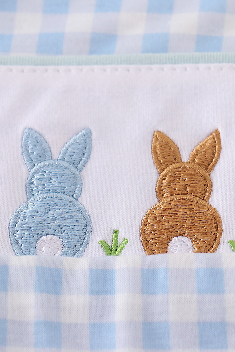 Blue gingham jonjon with adorable embroidered bunny, perfect for springtime play.