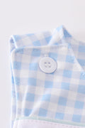 Blue gingham jonjon with adorable embroidered bunny, perfect for springtime play.