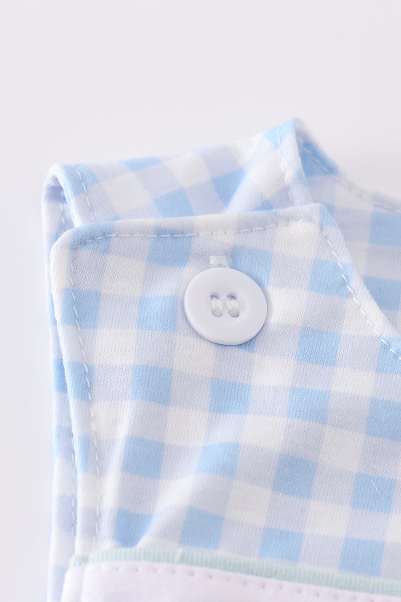 Blue gingham jonjon with adorable embroidered bunny, perfect for springtime play.