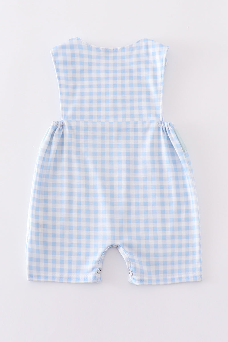 Blue gingham jonjon with adorable embroidered bunny, perfect for springtime play.