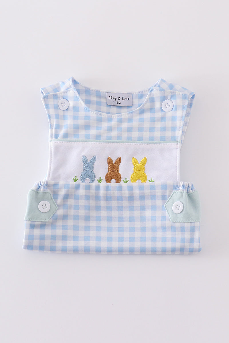 Blue gingham jonjon with adorable embroidered bunny, perfect for springtime play.