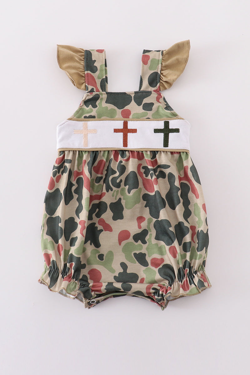 Camouflage bubble romper with cross embroidery, perfect for playful outdoor adventures.